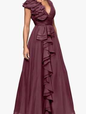 Elegant Plum Ruffled V-Neck Evening Gown